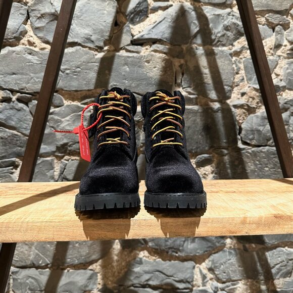 Off-White X Timberland Black Velvet Combat Boots - Picture 3 of 13